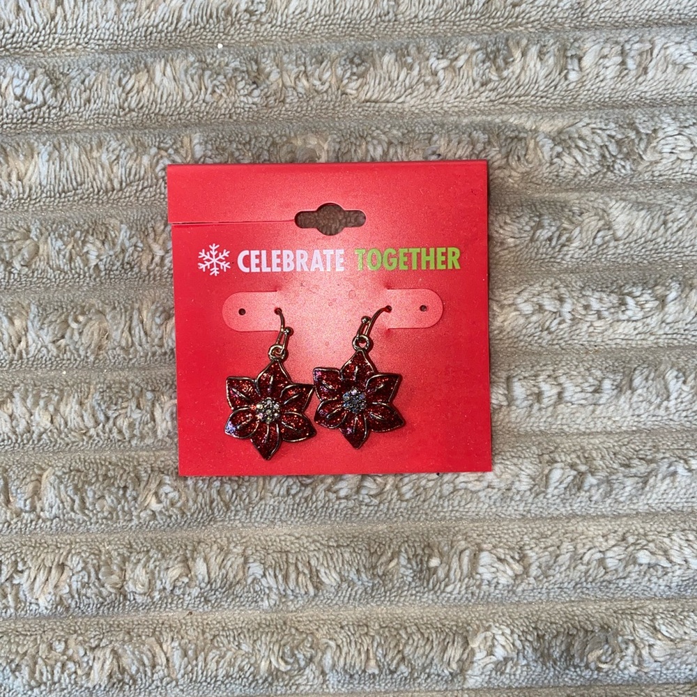 ✨ Holiday Poinsettia Earrings – Red Glitter Festive Dangle Jewelry ✨